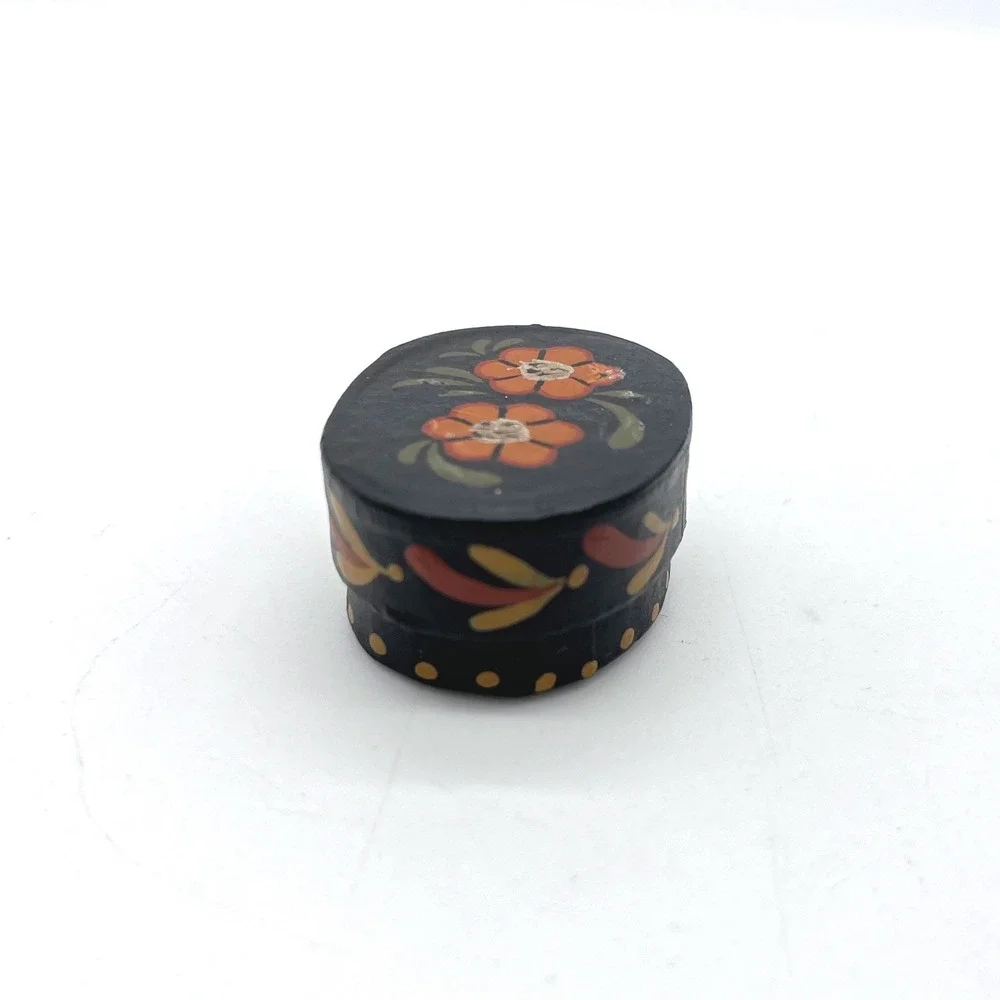 Vintage Folk‎ Art Hand Painted Miniature Trinket Box Floral Black Oval